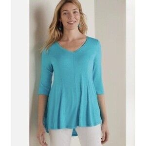 Soft Surroundings SMALL Petite Amelia A-Line Tunic Teal Blue VNeck Stretch Swing